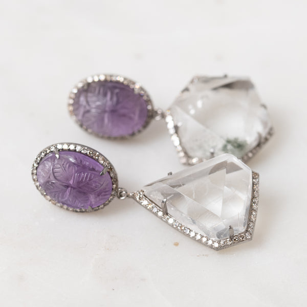 Carved Brazilian Crystal and Amethyst Earrings