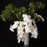 A breathtaking arrangement of cascading white orchids and eucalyptus in a tall modern vase, designed by Bloom by Anuschka, Denver's best high-end flower shop