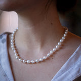 White Sweet Water Pearl Necklace with Diamond Pave Silver Clasp