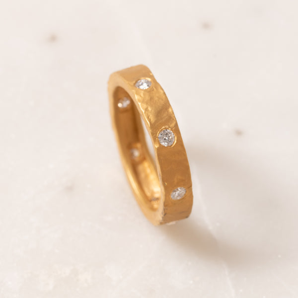 Diamond and Hammered Gold Band Ring