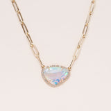 Pale Australian Opal, Pave Diamonds and 14 K Gold Paper Clip Necklace