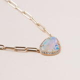 Pale Australian Opal, Pave Diamonds and 14 K Gold Paper Clip Necklace