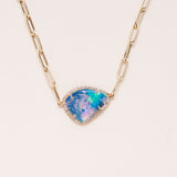 Australian Opal, Pave Diamonds and 14 K Gold Paper Clip Necklace