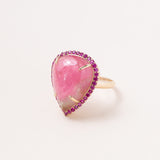 Pear Shape Watermelon Tourmaline Ring with Pave Pink Sapphire and 14k Gold