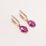 Pink Ruby Slices with Pave Diamond Leverback 14K Gold Earrings
