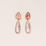 Watermelon Tourmaline, Elongated Morganite Pear Shape, Pave Diamond and 14 K Gold Drop Earrings