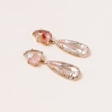 Watermelon Tourmaline, Elongated Morganite Pear Shape, Pave Diamond and 14 K Gold Drop Earrings