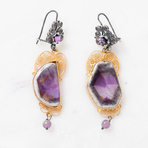 Amethyst with Hand-Hammered Silver and Gold Earrings