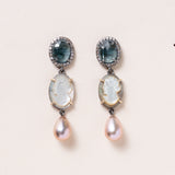 Bi-Color Kyanite, Natural Abalone Shell Cameo & Precious Pearl Earrings