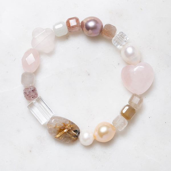 Rose Quartz, Pearls, Rutilated Quartz, and Smokey Quartz Bracelet