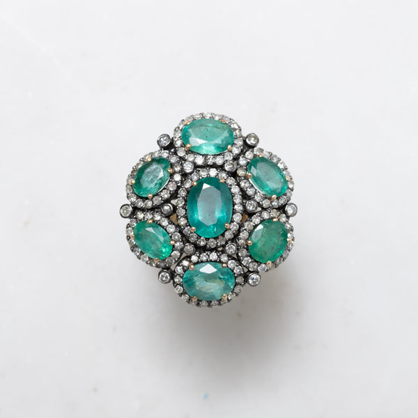 Emerald and Pave Diamond Ring