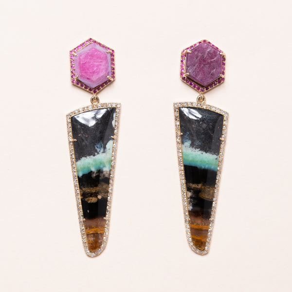Raw Ruby and Petrified Opal set in 18k Gold with Pink and Yellow Sapphires Earrings