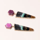 Raw Ruby and Petrified Opal set in 18k Gold with Pink and Yellow Sapphires Earrings