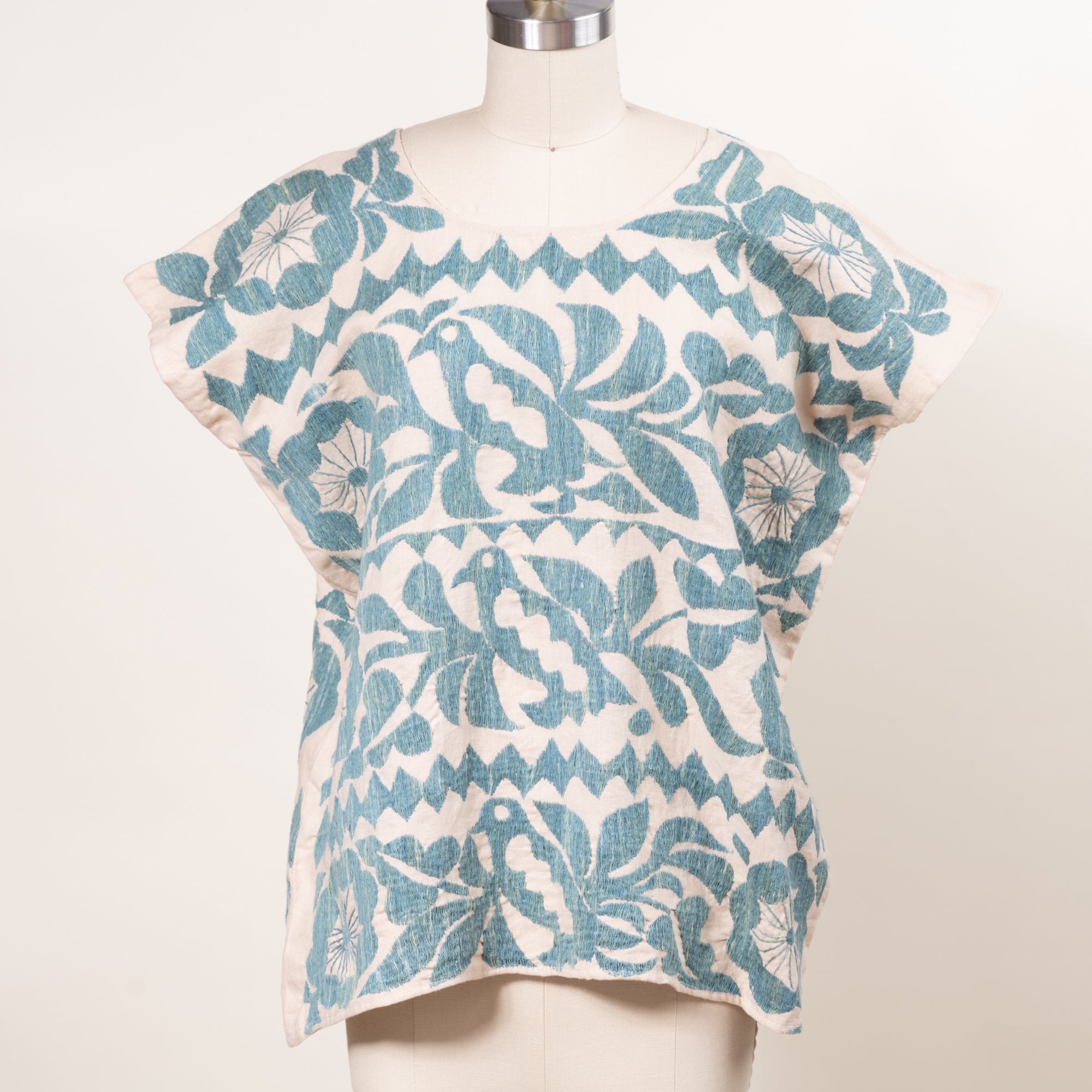 floral blue and tan hand embroidered top