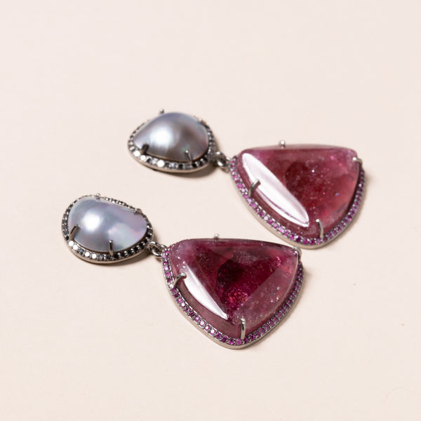 Tourmaline Cabochon and Mabe Pearls with Black Diamonds and Pink Sapphires Earrings