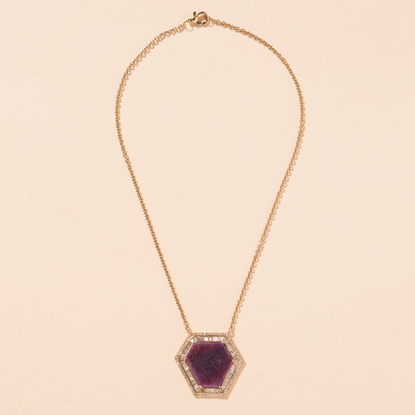 raw ruby slice baguette diamond halo necklace 