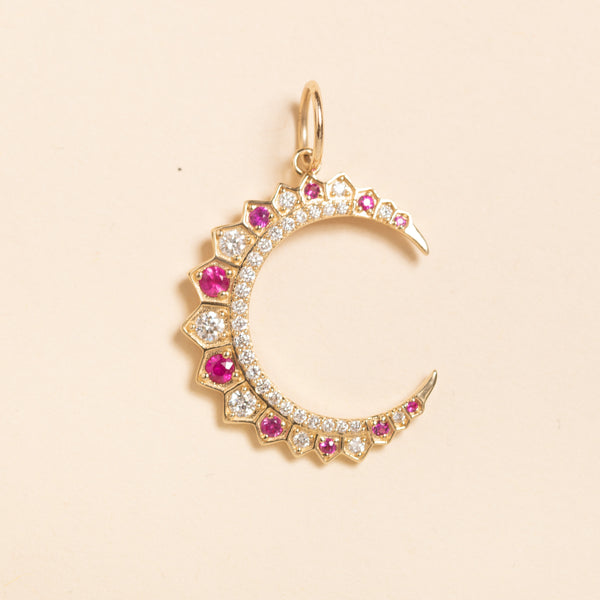 gold crescent moon with pink sapphires and diamonds pendant 