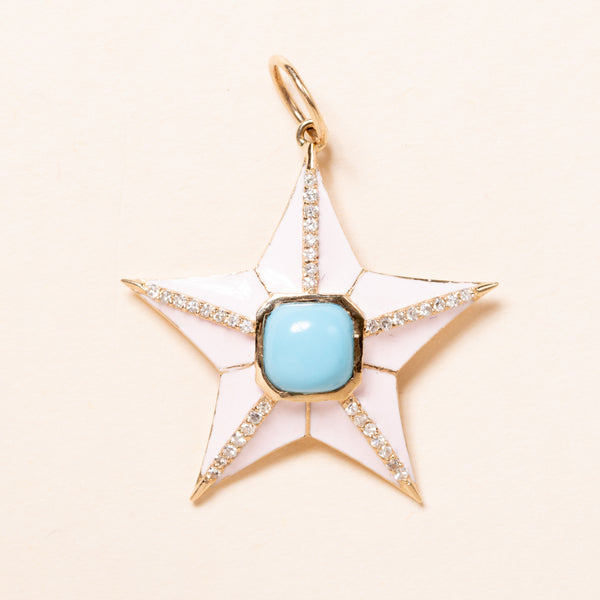 pink enamel and diamond star with turquoise pendant 