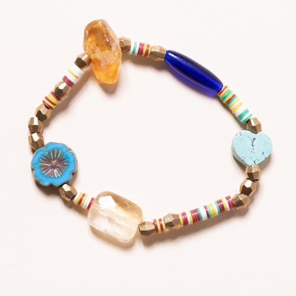 African Vinyl and Brass, Citrine, Czech Glass and Turquoise Heart Bloom Bracelet