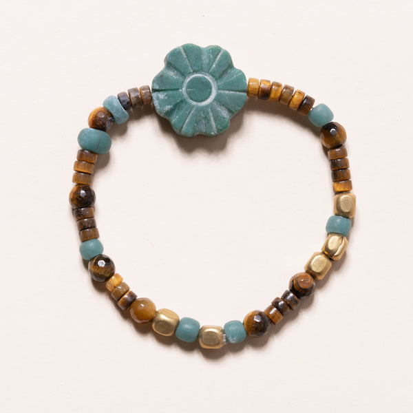 African Brass and Glass with Tiger's Eye Beads and Jasper Flower Bloom Bracelet