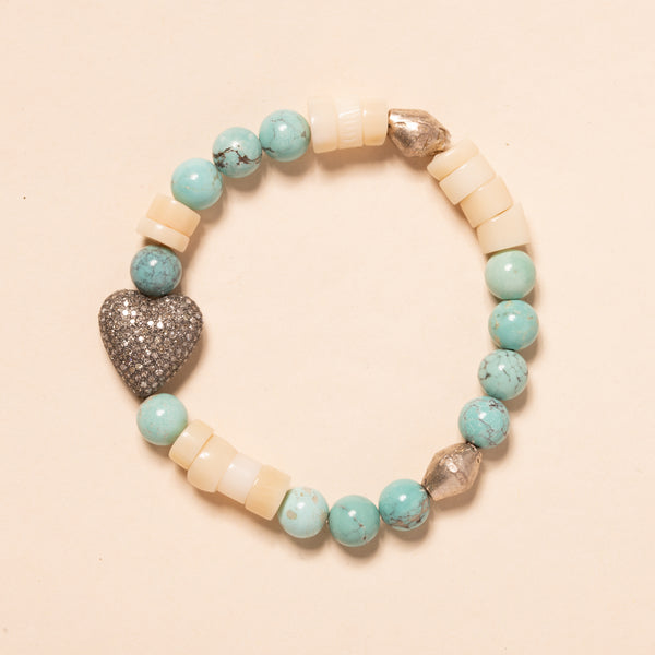 Turquoise, White Coral, and Silver African Brass with Pave Diamond Heart Bead Bloom Bracelet