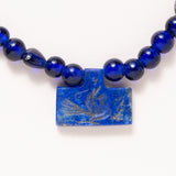 African Glass Beads, Enamel & Diamond Beads, Pave Diamond & Sapphire Bead, Sapphire /Silver Elephant Clasp with Carved Afghan Lapis Necklace