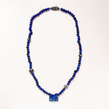 African Glass Beads, Enamel & Diamond Beads, Pave Diamond & Sapphire Bead, Sapphire /Silver Elephant Clasp with Carved Afghan Lapis Necklace