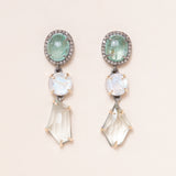 Colombian Emerald with Pave Diamonds, Moonstone, Green Beryl, Silver & 14K Gold Earrings
