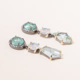 Colombian Emerald with Pave Diamonds, Moonstone, Green Beryl, Silver & 14K Gold Earrings