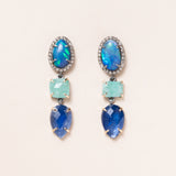 Opal with Pave Diamonds, Colombian Emeralds, Neon Kyanite, Silver & 14K Gold Earrings