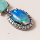 Opal with Pave Diamonds, Colombian Emeralds, Neon Kyanite, Silver & 14K Gold Earrings