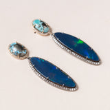 Persian Turquoise set in 14K Gold with Pave Diamonds, Large Australian Opals set in Silver with Pave Diamonds Earrings