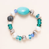 African Brass/Vinyl/Glass, Kingman Turquoise, Pearls & Sapphire Pave Bead
