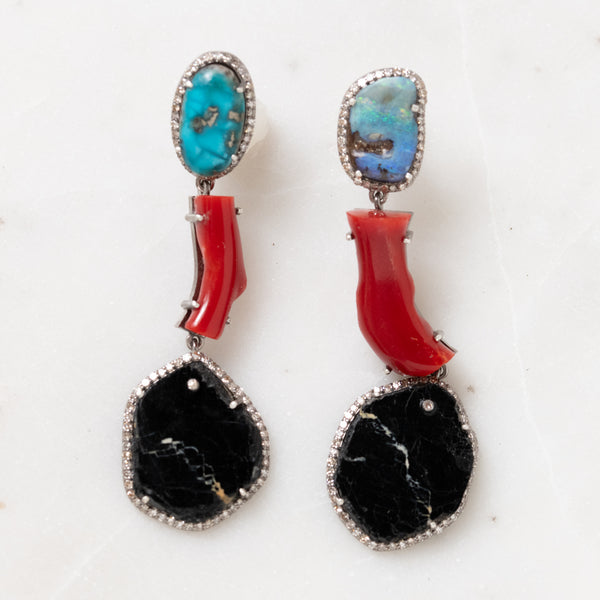 Black Tourmaline, Coral and Persian Turquoise Earrings