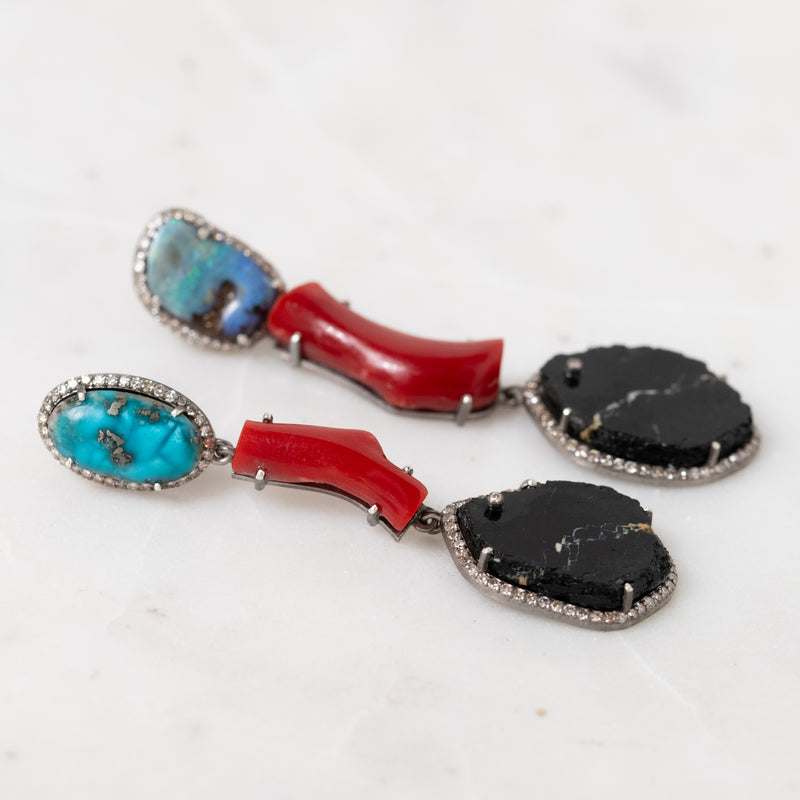 Black Tourmaline, Coral and Persian Turquoise Earrings
