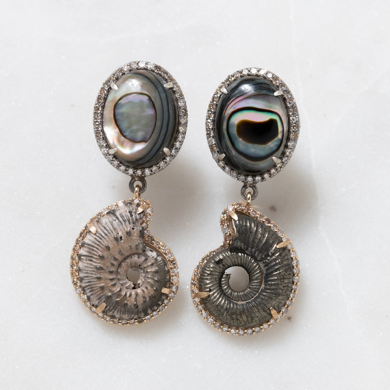 Pyritized Ammonite and Abalone Earrings