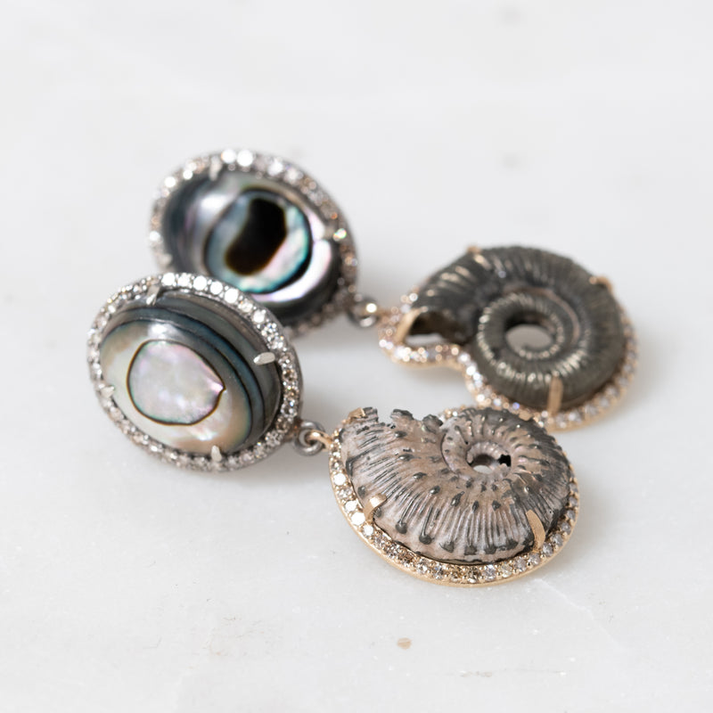 Pyritized Ammonite and Abalone Earrings