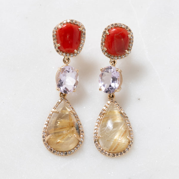 Coral, Amethyst, and Rutilated Quartz Earrings
