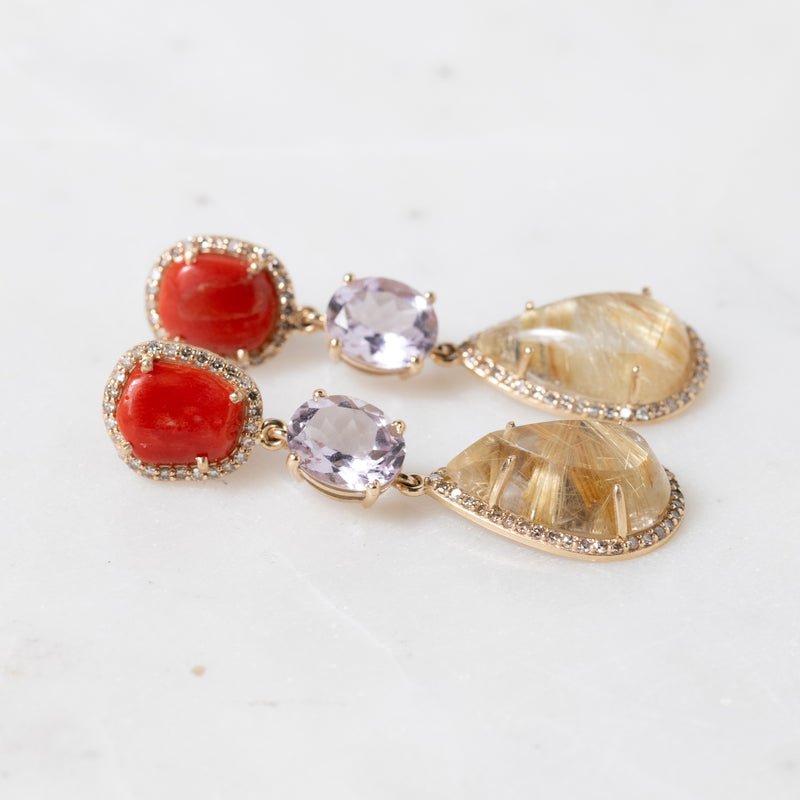 Coral, Amethyst, and Rutilated Quartz Earrings