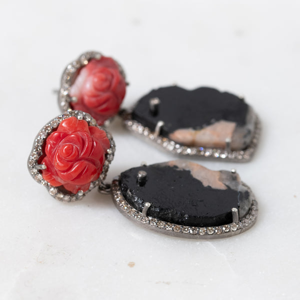 Black Tourmaline and Carved Coral Earrings