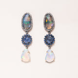Black Opal, Kyanite, Ethiopoan Opal, Silver, 14K Gold & Sapphire Pave Earrings