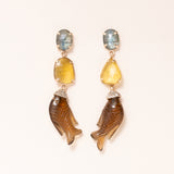 Kyanite, Tourmaline, Hand Carved Honey Citrine Fish, 14K Gold & Diamond Pave Earrings