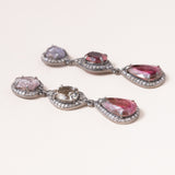 Natural Sapphire, Tourmaline, Sunstone, Watermelon Tourmaline, Silver & Diamond Pave Earrings