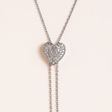 Silver and Pave Diamond Heart Bolo Tie Adjustable Necklace