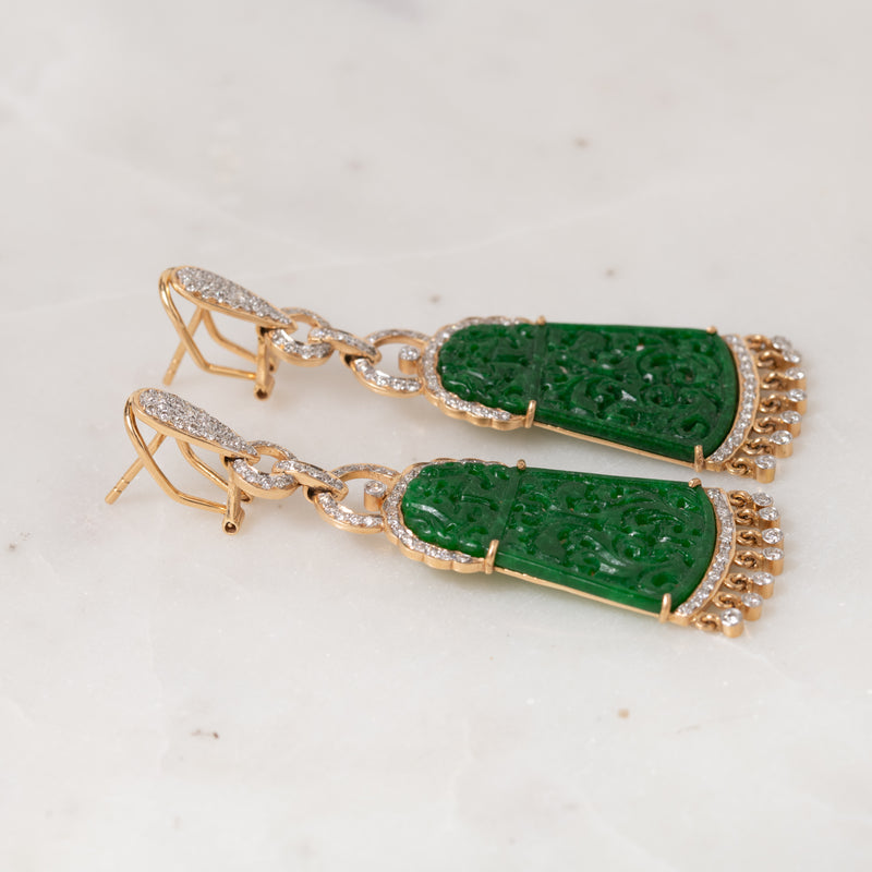 Carved Jade with Diamond Dangles Earrings