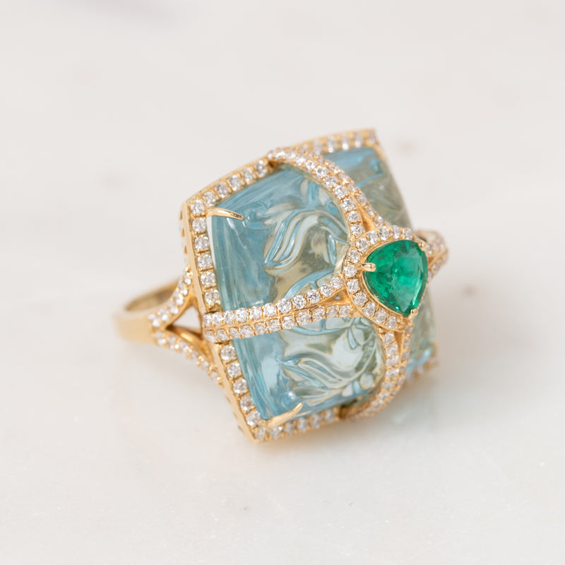 Carved Aquamarine and Emerald Ring