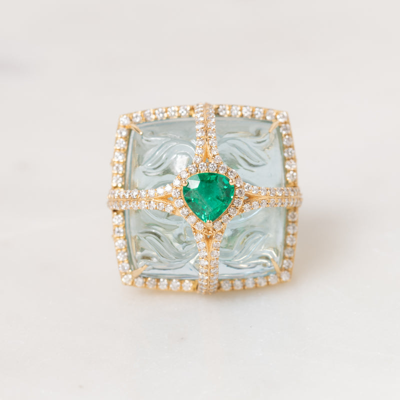 Carved Aquamarine and Emerald Ring