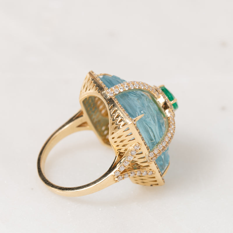 Carved Aquamarine and Emerald Ring