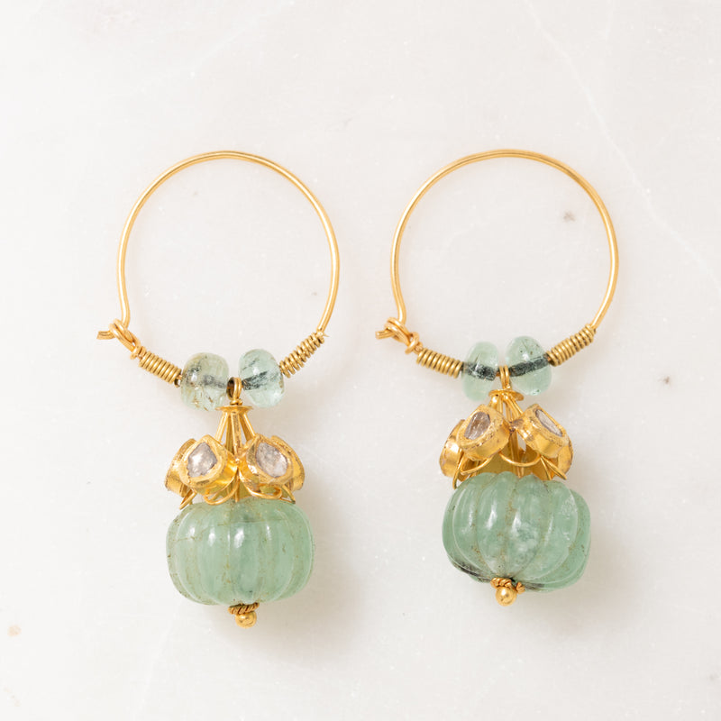 Carved Emerald and Polki Diamond Drops Earrings
