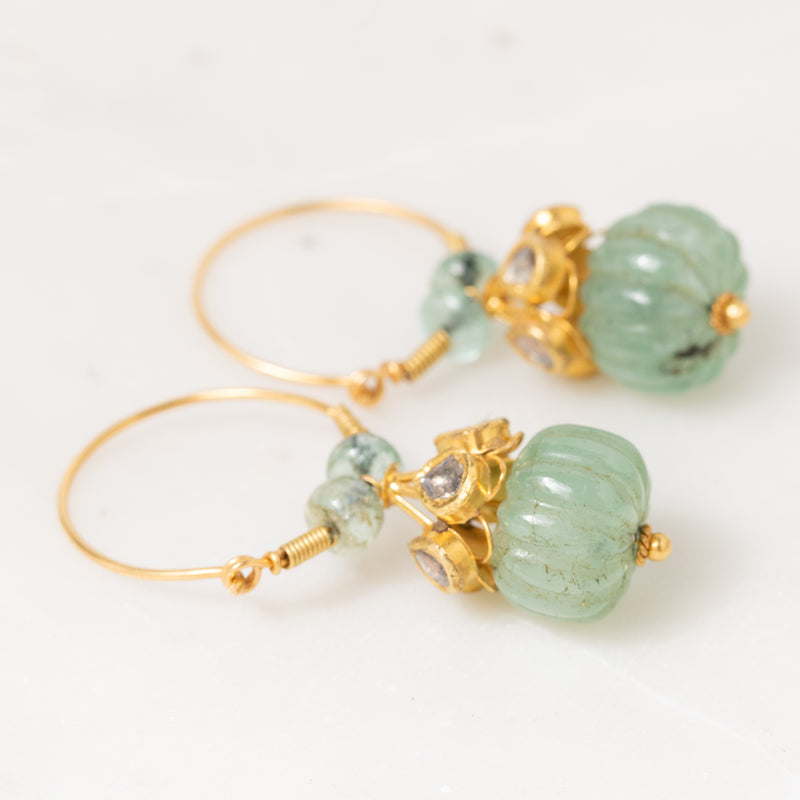 Carved Emerald and Polki Diamond Drops Earrings